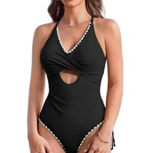 Black One-Piece Swimsuit with Front Cutout and Scalloped Trim